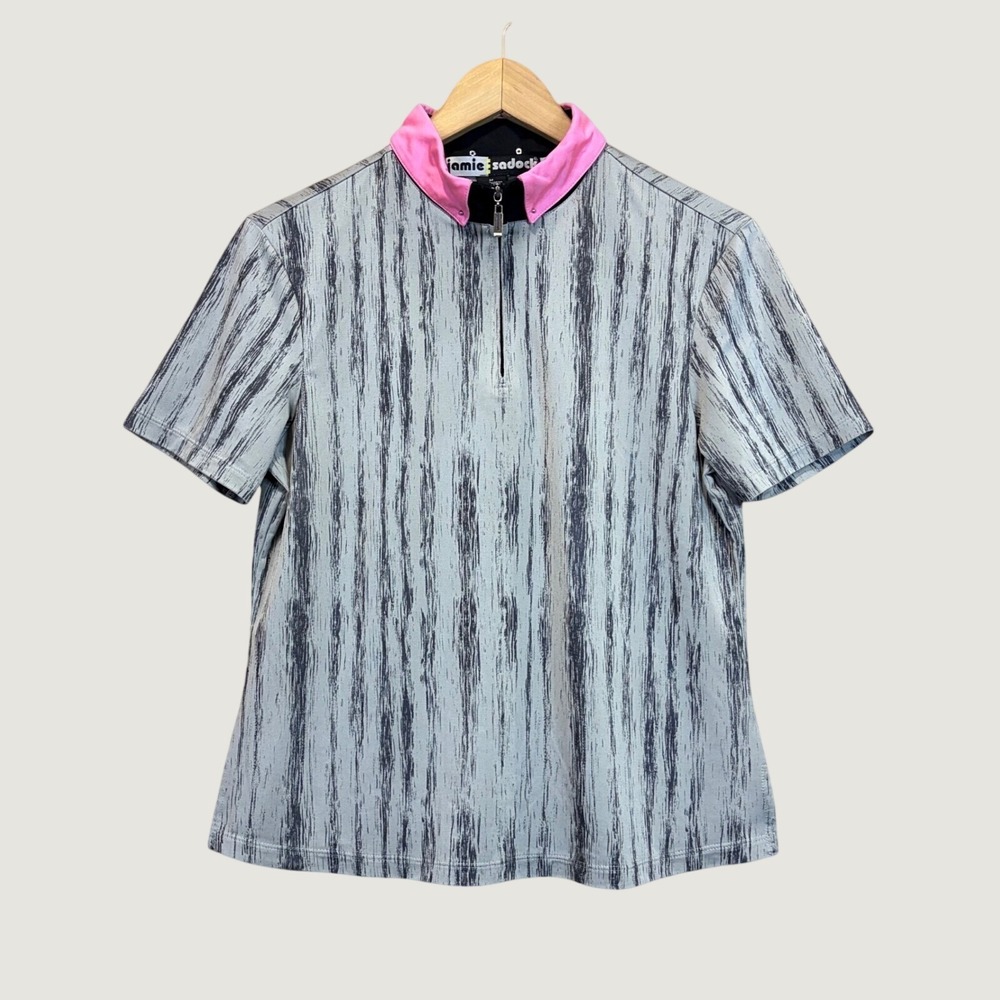 Jamie Sadock Golf Polo Women Medium Grey Pink Quarter Zip Woodgrain Print Top